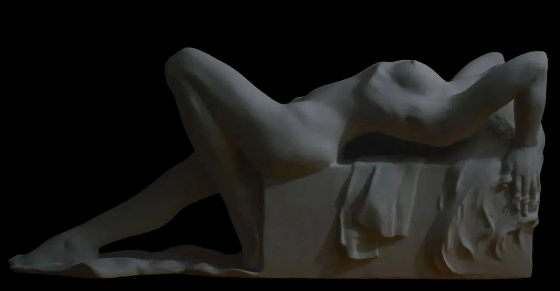 figurative sculpture by Peter Forster showing a classical human form in a dynamic pose, demonstrating expert traditional carving technique.”