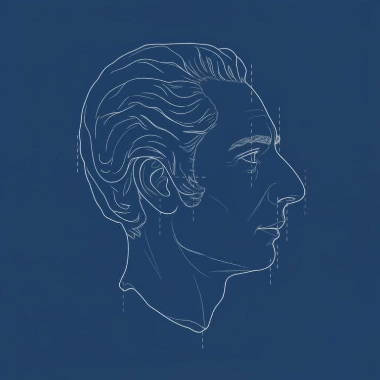Line art profile of Peter Forster on a blue background.