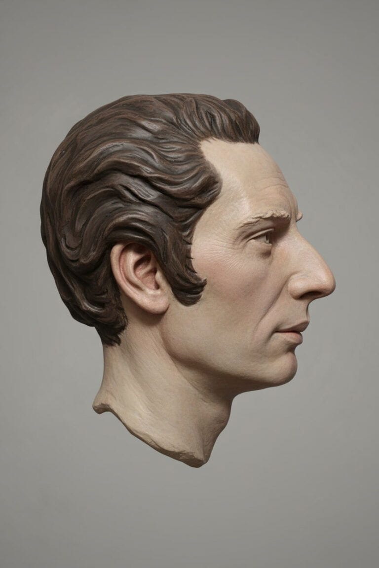 Detailed sculpture bust of Peter Forster with realistic features and hair.