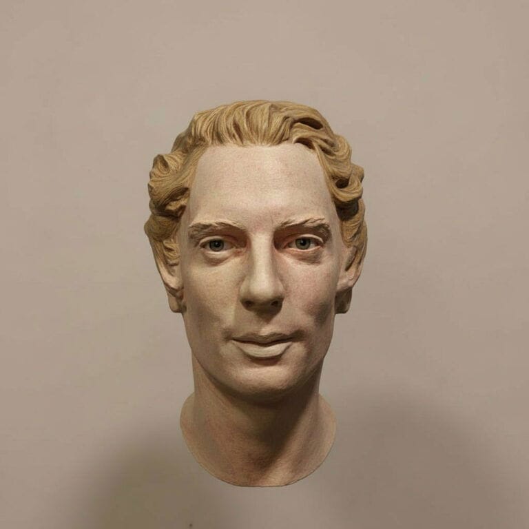 Sculpture bust of Peter Forster with detailed facial features.