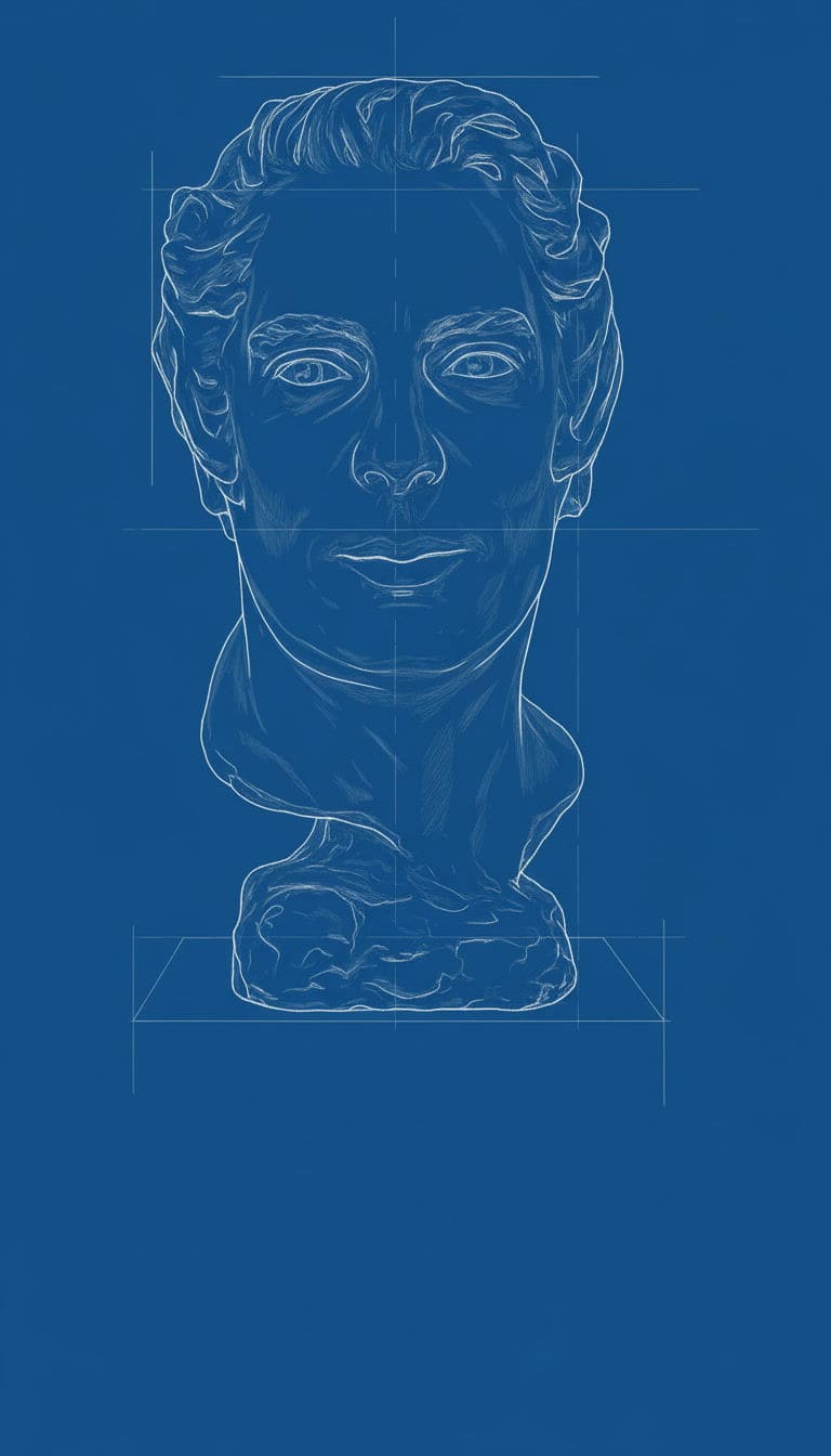 Artistic sketch of Peter Forster's bust, highlighting his facial features and hairstyle.